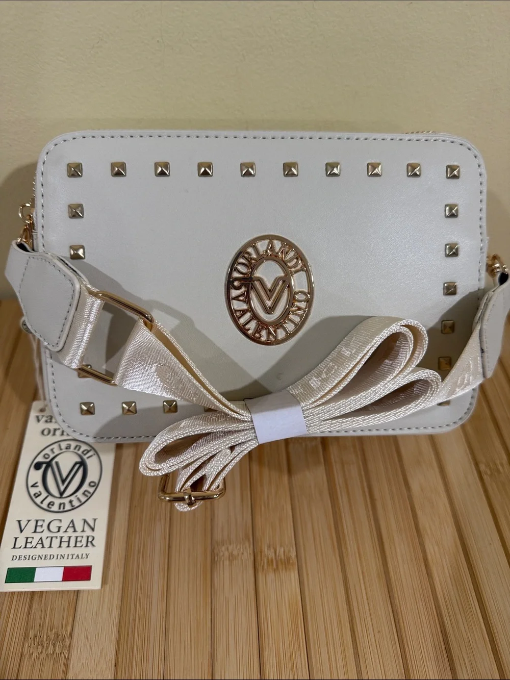 Valentino Orlandi Bone Studded Crossbody Bag Zip Closure Detachable Strap
